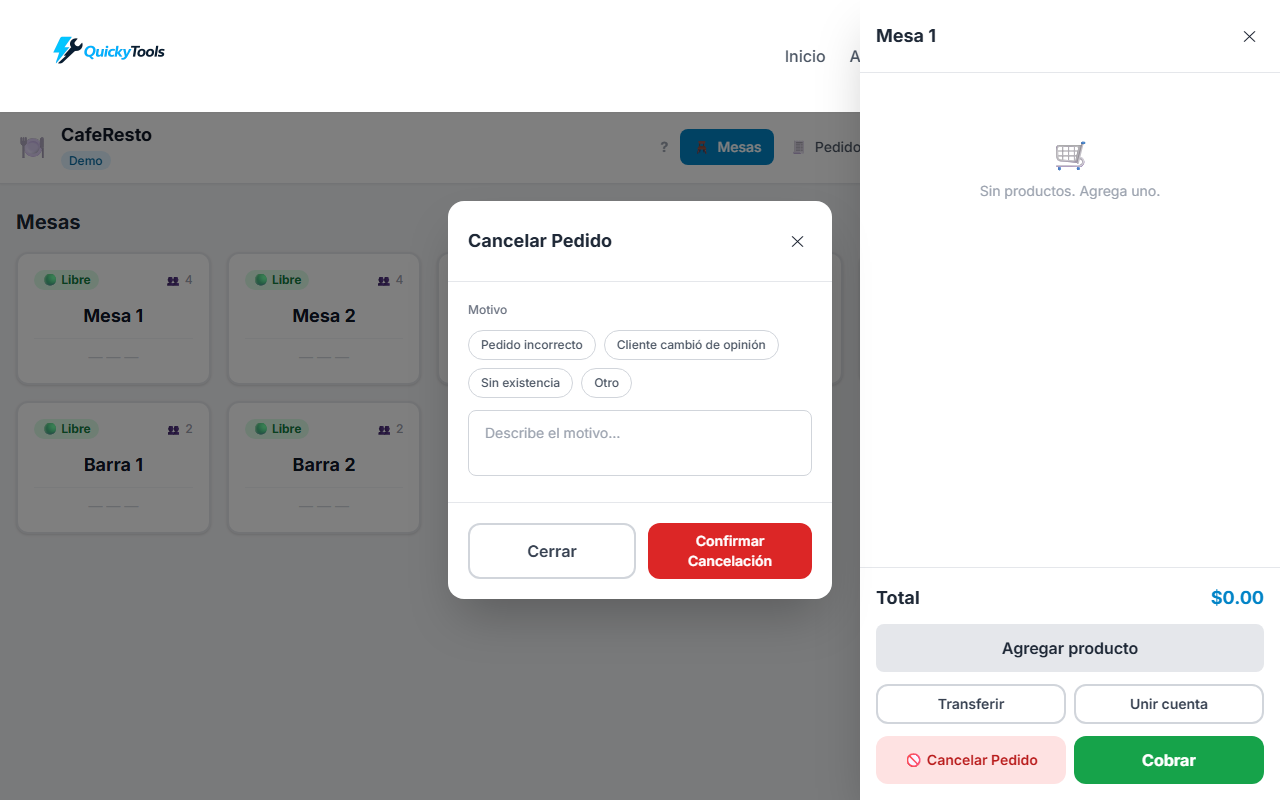 Cancel reason modal with preset options